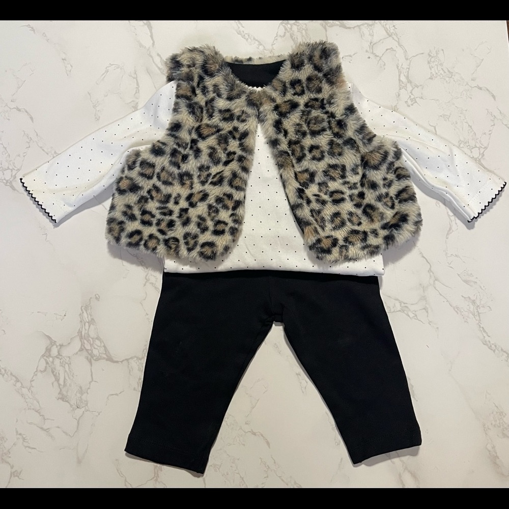 Three piece pant set with leopard print vest